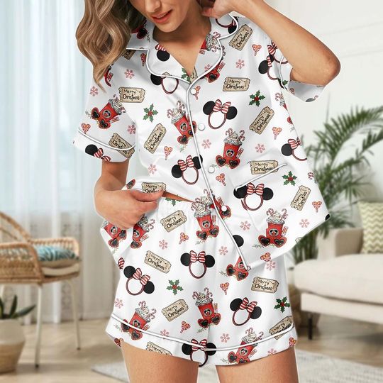 Mickey And Friends Christmas Pajamas Set with Pocket, Disney Cartoon Santa Hat, Xmas Sleepwear For Women, Matching Family Gift