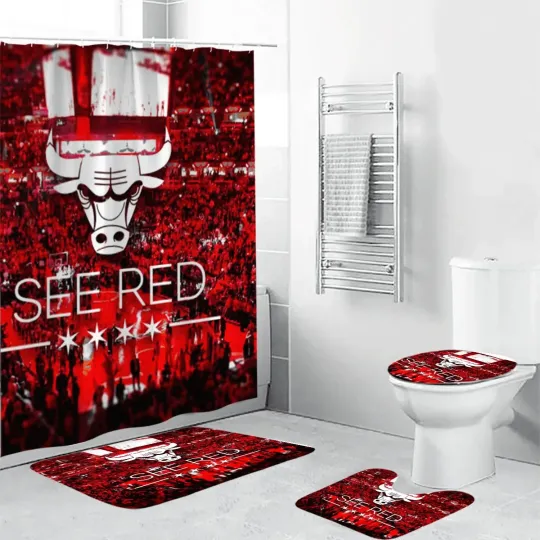 4PCS chicago bulls Logo In Waterproof Bathroom Sets, Shower Curtain Sets.