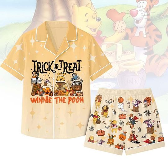 Discover Winnie The Pooh Halloween Pajamas Set with Pocket, Trick Or Treat Disneyland Short Pajamas, Pooh Bear Pumpkin Sleepwear