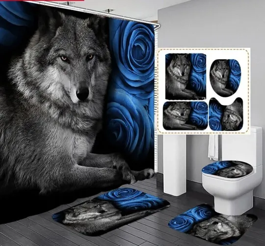 Discover 4PCS Blue Rose & Wolf Bathtub Bathroom Shower Curtain Bath Mat Rug with 12 Hooks