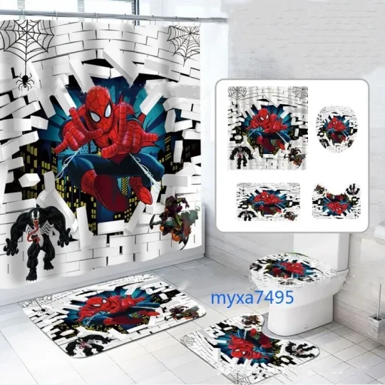 Discover Bathroom Toilet Lid Cover Spider-Man 4PCS Mats Rug 1 Set New Gift Shower Curtain