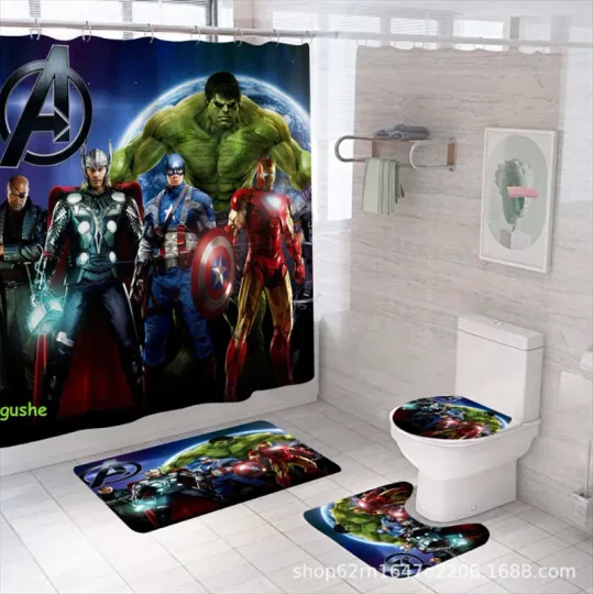 Discover Marvel Avengers 4PCS Bathroom Rugs Set Bath Shower Curtain Mat Toilet Lid Cover