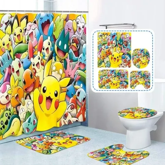 Discover 4 Pcs Poket mons Shower Curtain Sets with Non-Slip Rug