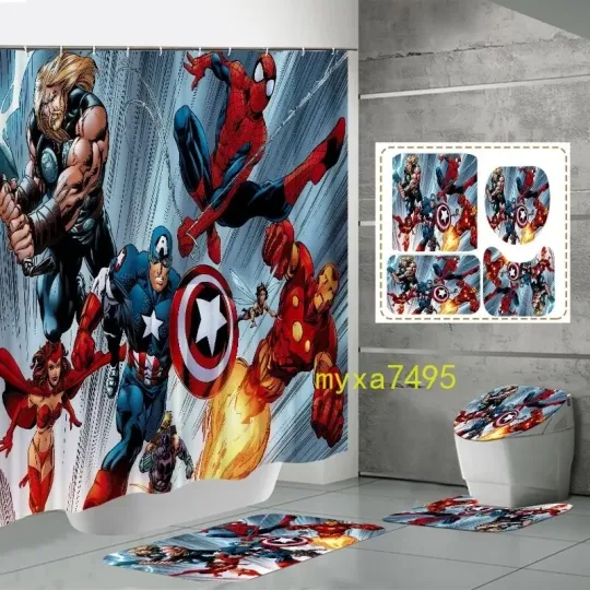 Discover Marvel Gift Bathroom Mat The Avengers Shower Curtain 4PCS New Toilet Lid Cover