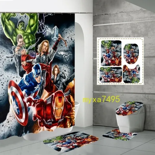 Discover Marvel Gift The Avengers Bathroom Mat Shower Curtain 4PCS New Toilet Lid Cover