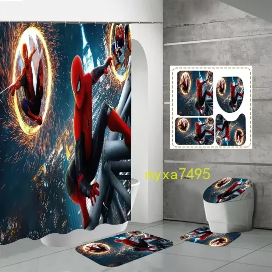 Discover Bathroom Rug Marvel Gift Toilet Lid Cover Mat Shower Curtain Spider-Man 4PCS New