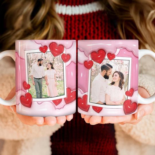 3D Inflated Heart Photo Mug, Personalized Pink Clouds Couple Cup, Aesthetic Romantic Gift for Girlfriend, Custom Name Valentines Keepsake