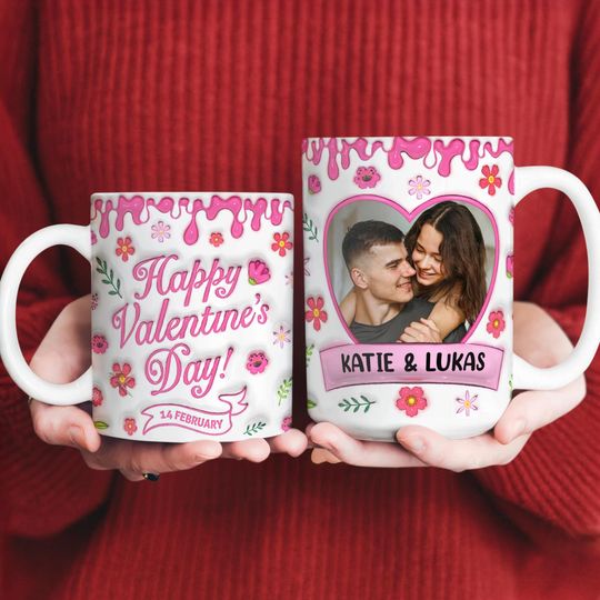 3D Inflated Effect Valentine Mug, Personalized Pink Drip Photo Cup with Name, Aesthetic Floral Heart Mug for Lovers, Unique Valentines Gift
