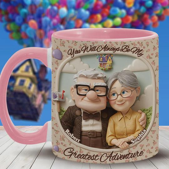 Discover Personalized Elderly Couple Cartoon Mug, Custom Name Romantic Adventure Cup, Cute 3D Style Anniversary Gift, Sweet Love Story Coffee Mug