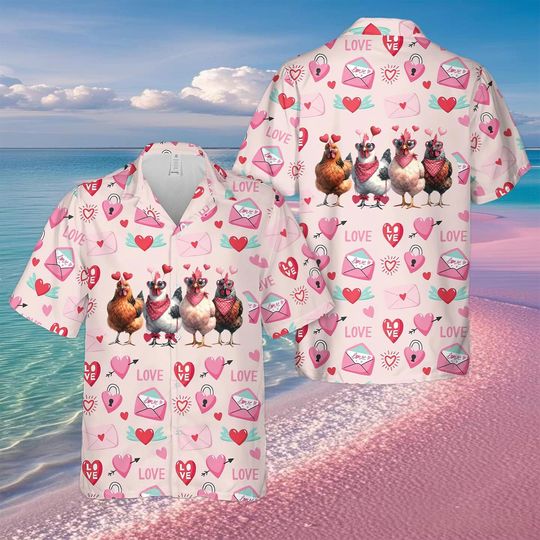 Discover Love Chickens Hawaiian Shirt, Valentine's Day Shirt for Couples, Cute Chicken Button Up, Romantic Gift for Her | Tropical Beach Shirt