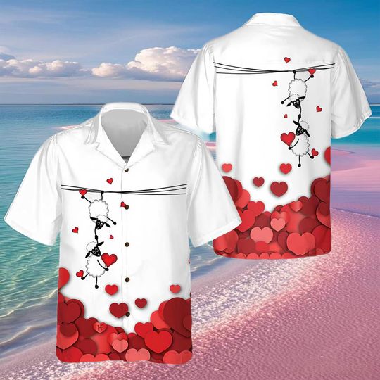 Discover Valentine's Day Sheep Hawaiian Shirt, Red Hearts Aloha Shirt, Fun Cute Sheep Design, Perfect Valentine's Day Gift for Couples