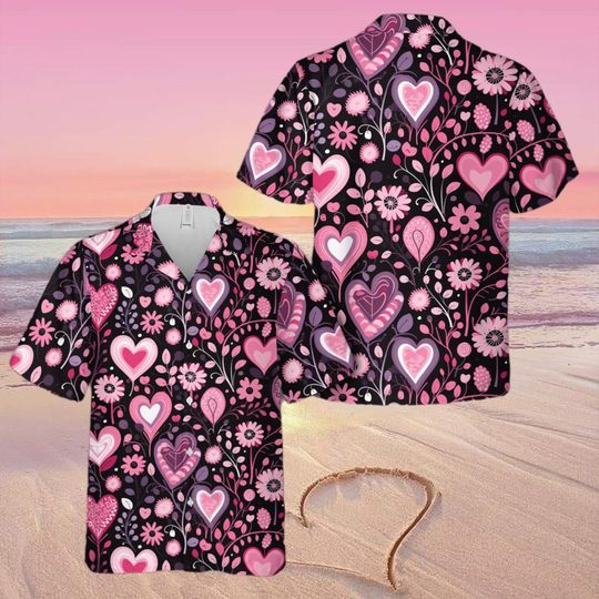 Discover Valentines Day Hawaiian Shirt, Black Pink Heart Floral Button Up Shirt, Romantic Love Aloha Shirt, Valentine Gift for Couples