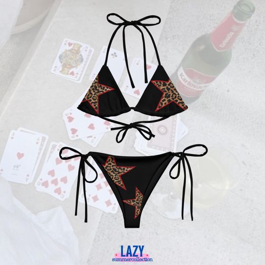 Discover Leopard Print Star Black String Bikini Set