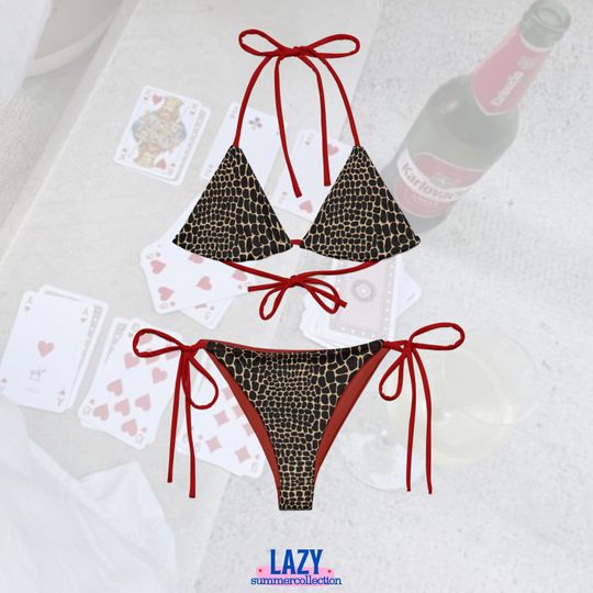 Discover Red and Black Leopard Print Women's String Bikini Set