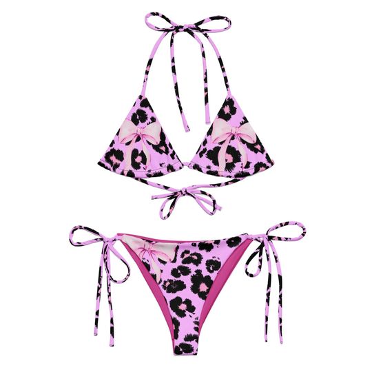 Discover Leopard Print String Bikini Set with Pink Bows, Adjustable Swimwear
