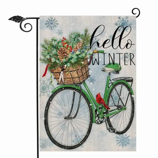 Discover Hello Winter Green Bicycle Decorative Garden Flag Double Sided, 12 x 18