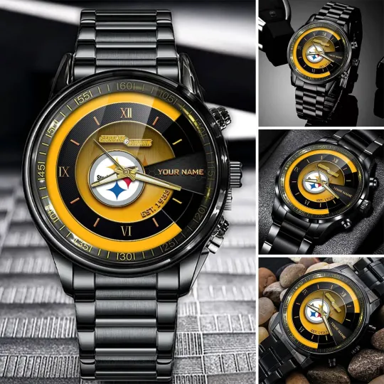 Personalized Pittsburgh Football Steelerss Team Men Black Stainless Steel Watch