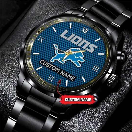 Discover Personalized Detroit Football Lionss Team Men Black Stainless Steel Watch Gift