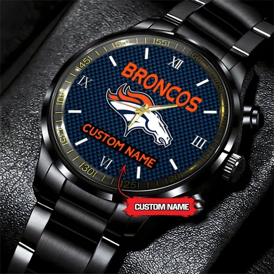 Discover Personalized Denver Football Broncoss Team Men Black Stainless Steel Watch Gift
