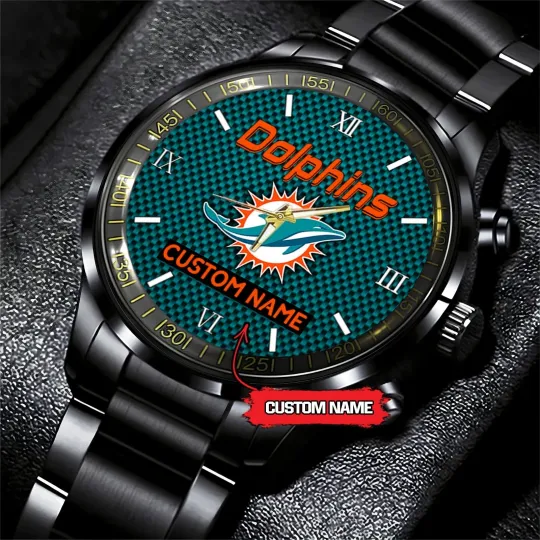 Discover Personalized Miami Football Dolphinss Team Men Black Stainless Steel Watch Gift