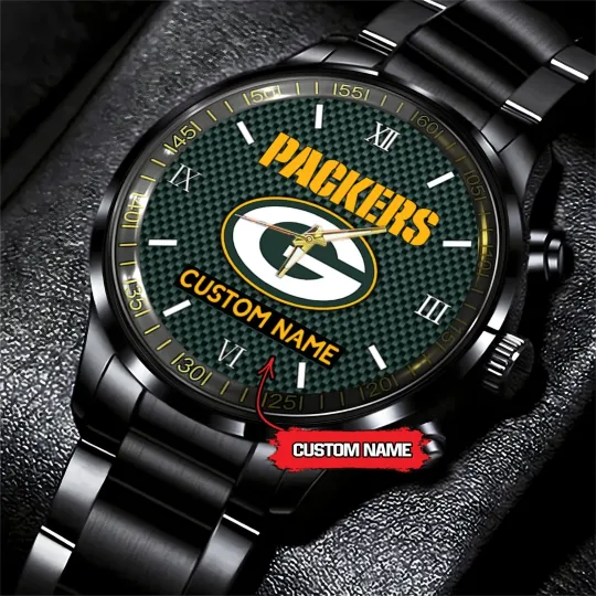 Discover Personalized Green Bay Football Packerss Team Men Black Stainless Steel Watch