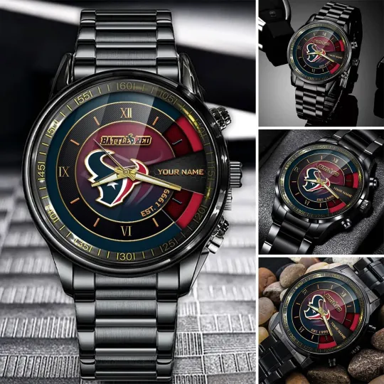 Discover Personalized Houston Football Texanss Team Men Black Stainless Steel Watch Gift