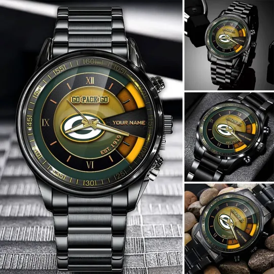 Discover Personalized Green Bay Football Packerss Team Men Black Stainless Steel Watch