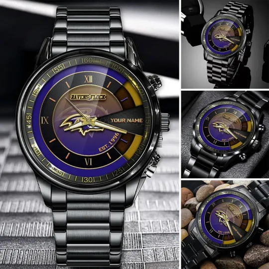 Discover Personalized Baltimore Football Ravenss Team Men Black Stainless Steel Watch