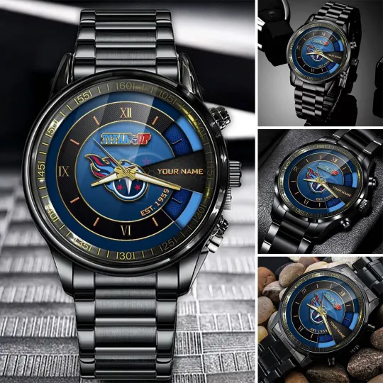 Discover Personalized Tennessee Football Titanss Team Men Black Stainless Steel Watch