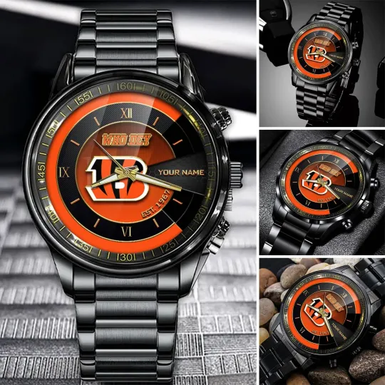 Discover Personalized Cincinnati Football Bengalss Team Men Black Stainless Steel Watch