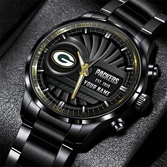 Discover Personalized Green Bay Football Packerss Team Men Black Stainless Steel Watch