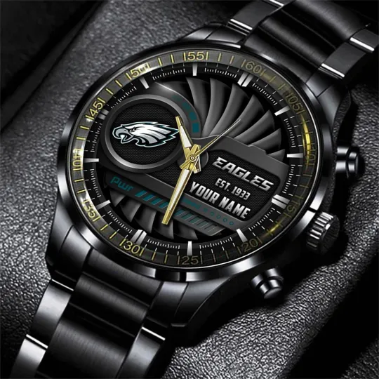 Discover Personalized Philadelphia Football Eagless Team Men Black Stainless Steel Watch
