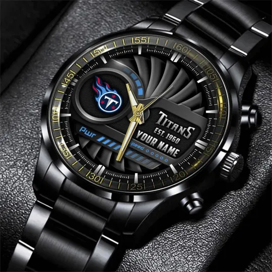 Discover Personalized Tennessee Football Titanss Team Men Black Stainless Steel Watch