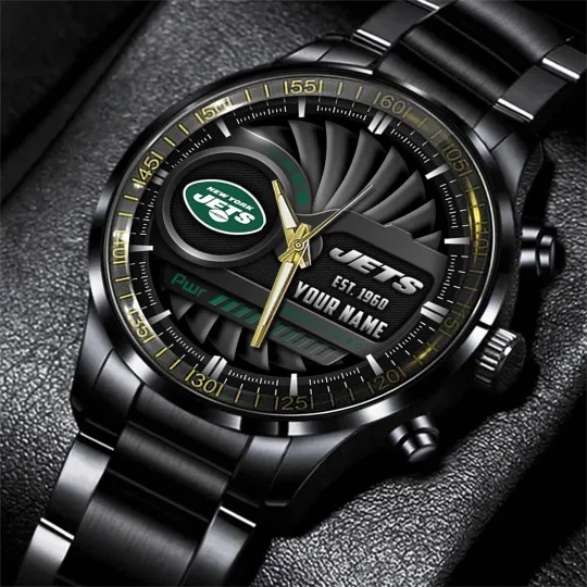 Discover Personalized New York Football Jetss Team Men Black Stainless Steel Watch Gift