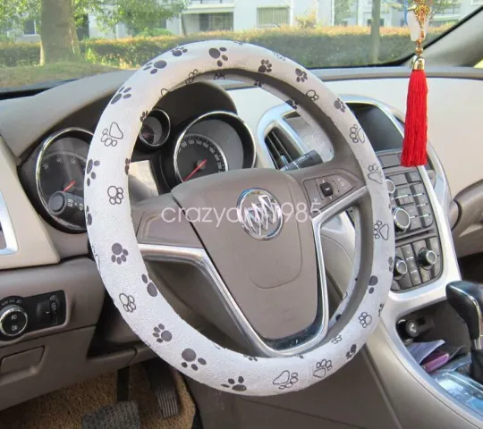 Discover Soft Comfy Cartoon Footprint Steering Wheel Cover 38cm 15" Gray for Women