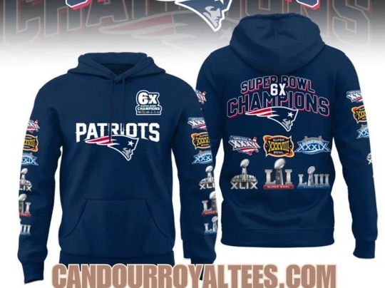New England Patriot 6X Super Bowl Champions Patch Throwback 3D Hoodie