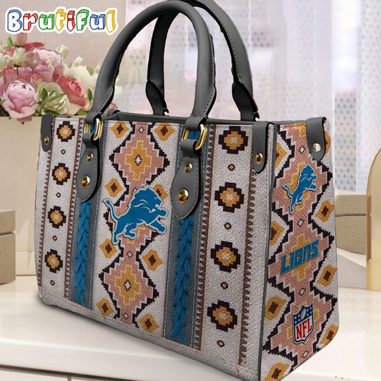 football Detroit Lions Native American Pattern Leather Bag, Football Women Leather Bag