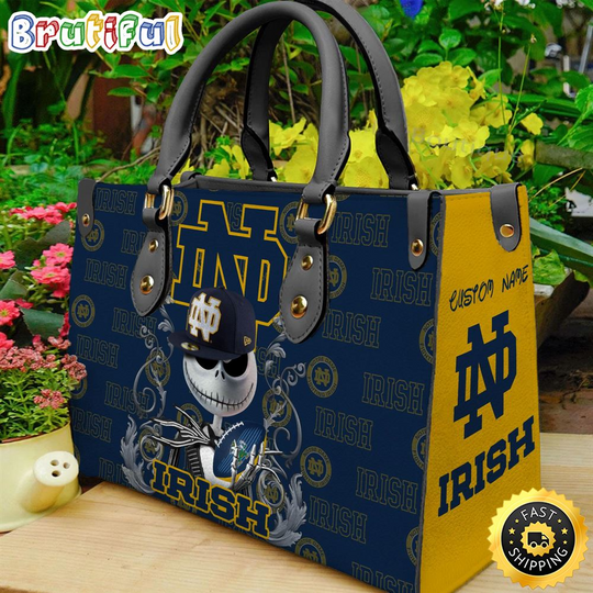Discover Custom Name ND Fighting Irish NCAA Jack Skellington Women Leather Bag