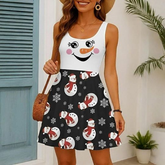 Snowman Christmas Skater Dress for Women, Cute Holiday  Dress, Festive Snowman Print Outfit, Winter Party Dress, Gift for Her