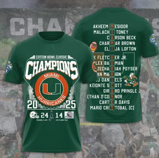 Miami Hurricane Football Cotton Bowl Champions 3D T-Shirt