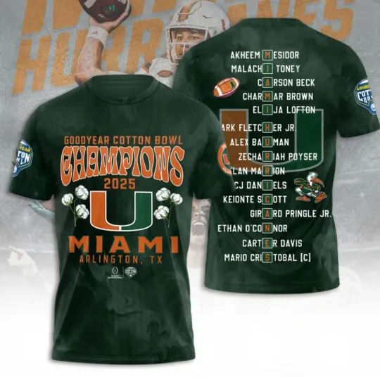 Miami Hurricane Football Cotton Bowl Champions 3D Unisex T-Shirt