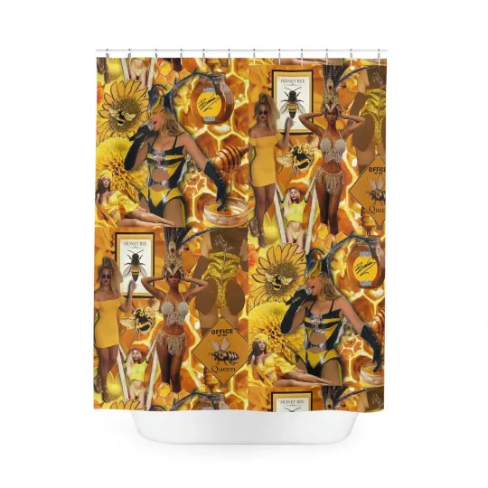 Beyonce Yellow Queen Bee Collage Polyester Shower Curtain Toilet Seat Rug