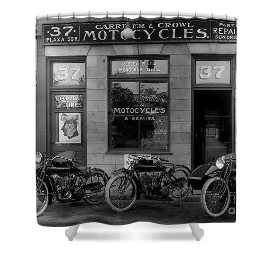 Discover Vintage Motorcycle Dealership Shower Curtain Set For Bathroom Decor Gift For