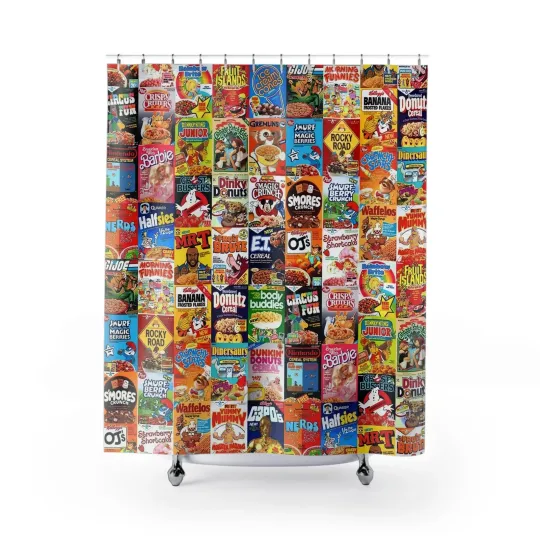 Eighties Nostalgia Breakfast Cereal Collage Shower Curtain Toilet Seat Rug