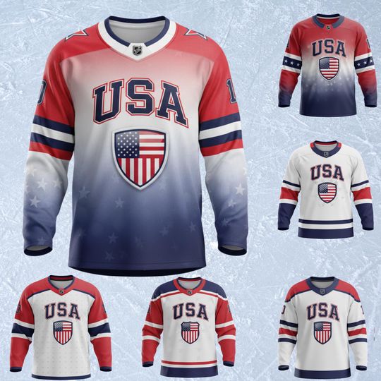 Discover USA Hockey Jersey All Over Print, Unisex Long Sleeve Ice Hockey Shirt, Breathable Pique Birdseye Stretch, Sublimation Game Day Fan Gift