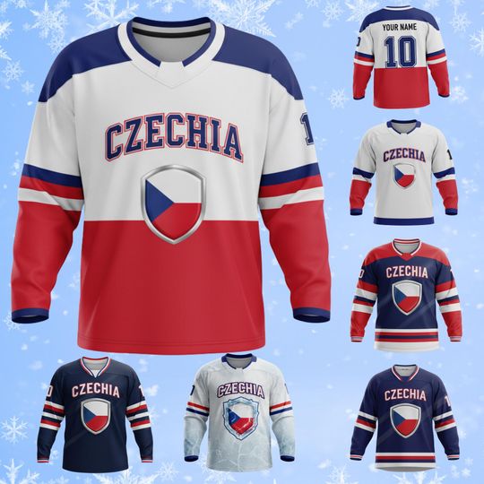 Discover Czechia Hockey Jersey, Custom Name Number, Unisex All Over Print Long Sleeve Ice Hockey Shirt, Breathable Birdseye Pique Stretch Fanwear
