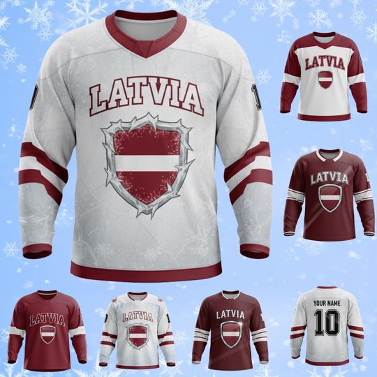 Discover Latvia Hockey Jersey, Custom Name Number, Unisex Long Sleeve AOP Ice Hockey Shirt