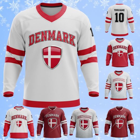 Discover Denmark Hockey Jersey Custom Name Number, Unisex Long Sleeve All Over Print Ice Hockey Shirt, Breathable Birdseye Pique Stretch Fanwear Gift