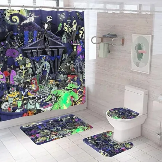 DDS-DUDES Christmas Shower Curtain Sets Toilet Seat Mat Bathroom Halloween Decor