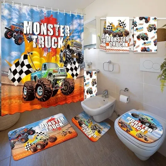 Discover Monster Truck Shower Curtain Set For Bathroom Decor Gift Mat Toilet Cover